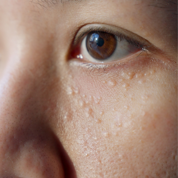 Close up of a woman's face with small white bumps of milia visible under her eyes.